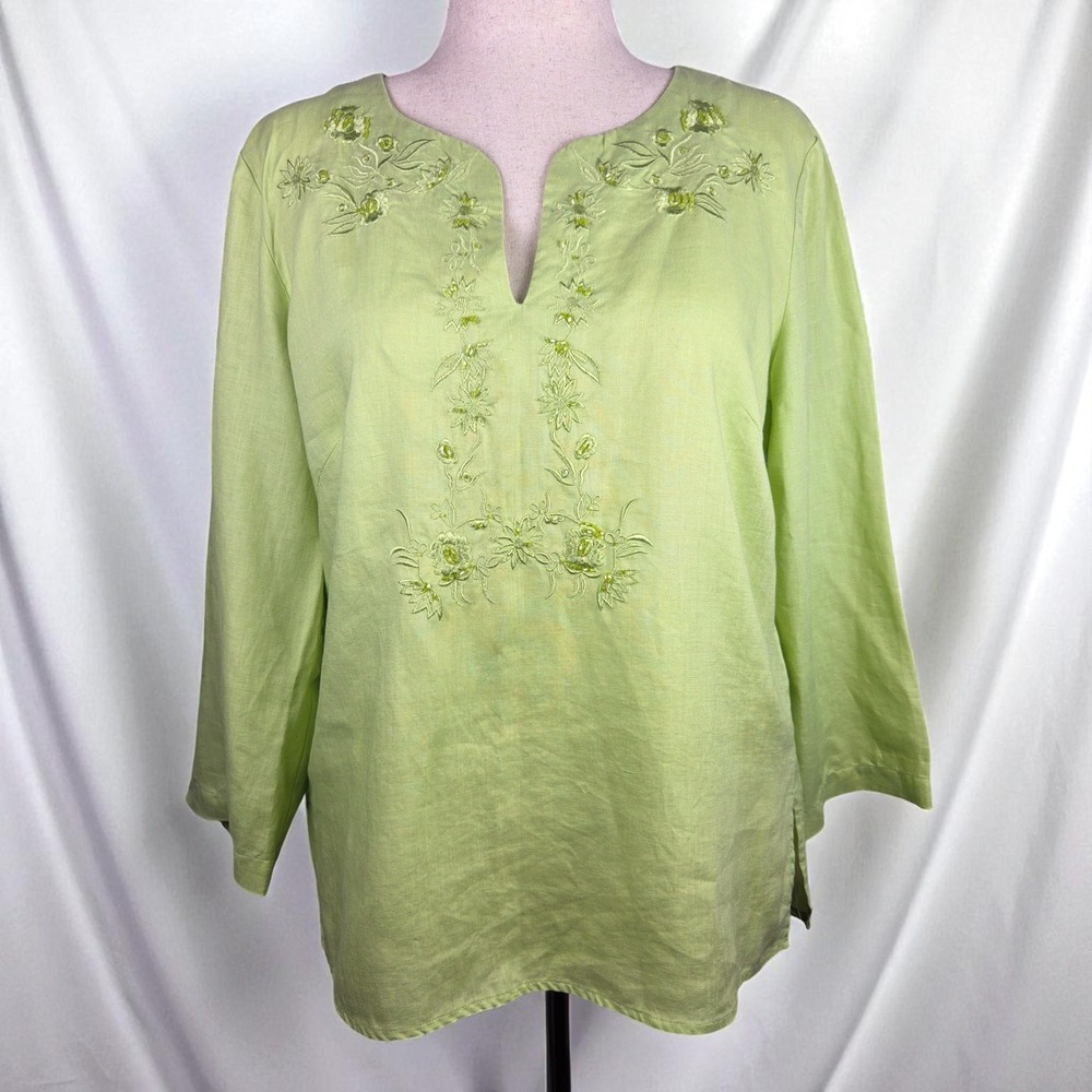 Edward Irish Linen Embroidered Beaded Top Green Floral Garden‎ Women's L